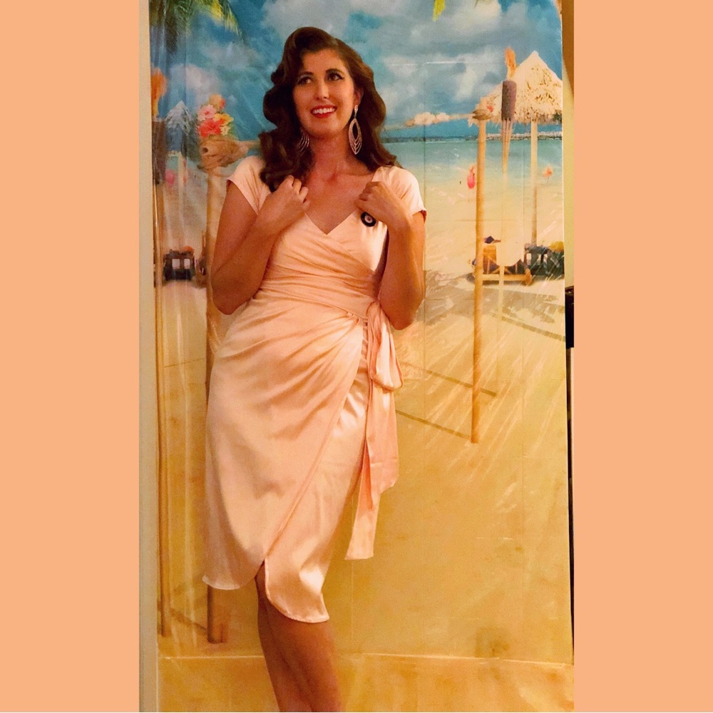 Ava Faux Wrap Wiggle Dress | in Powdery-Pink Satin | Pinup Couture | Size Medium